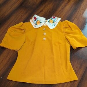 Mustard Yellow Blouse Embroidered Collar